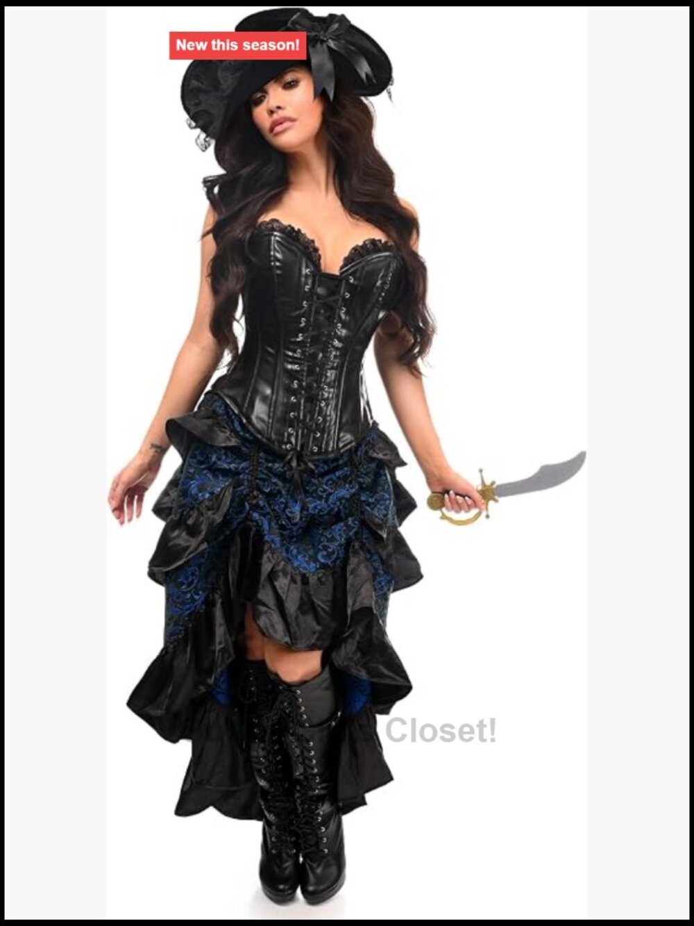 Premium Steel Boned Corset Costume Set with Skirt Hat & Sword